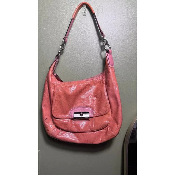 Coach Kristin Patent Leather Shoulder Bag Purse Coral Hobo 19299 AS IS - Picture 1 of 12